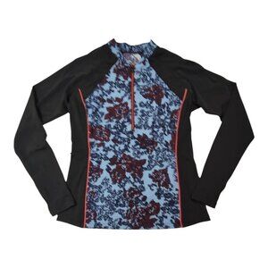 Floral Rash Guard Swim Top Colorblock Long-Sleeve Zip Black & Blue Womens M
